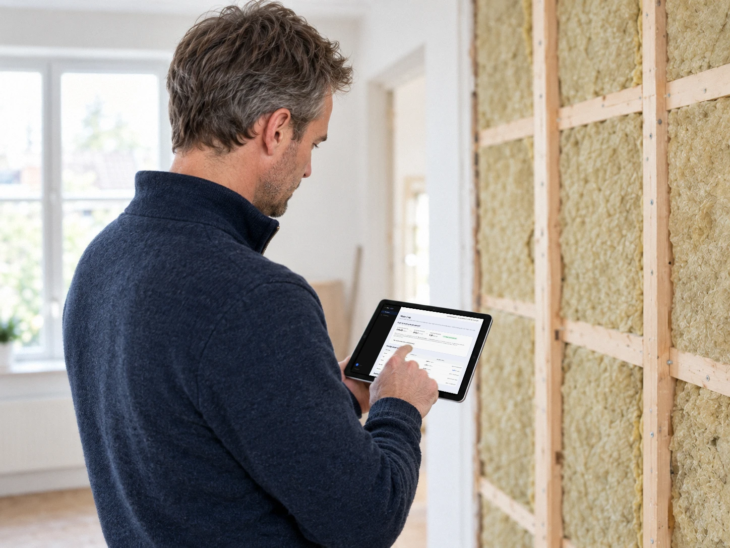 Een adviseur in een woning met glaswol in de muur gebruikt Aira Isolatie op een iPad: plattegronden met ingetekende maatregelen